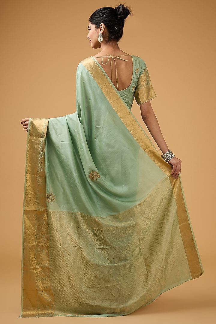 Green Silk Embroidered Party Wear Saree Set by Aharin India at Pernia's Pop Up Shop