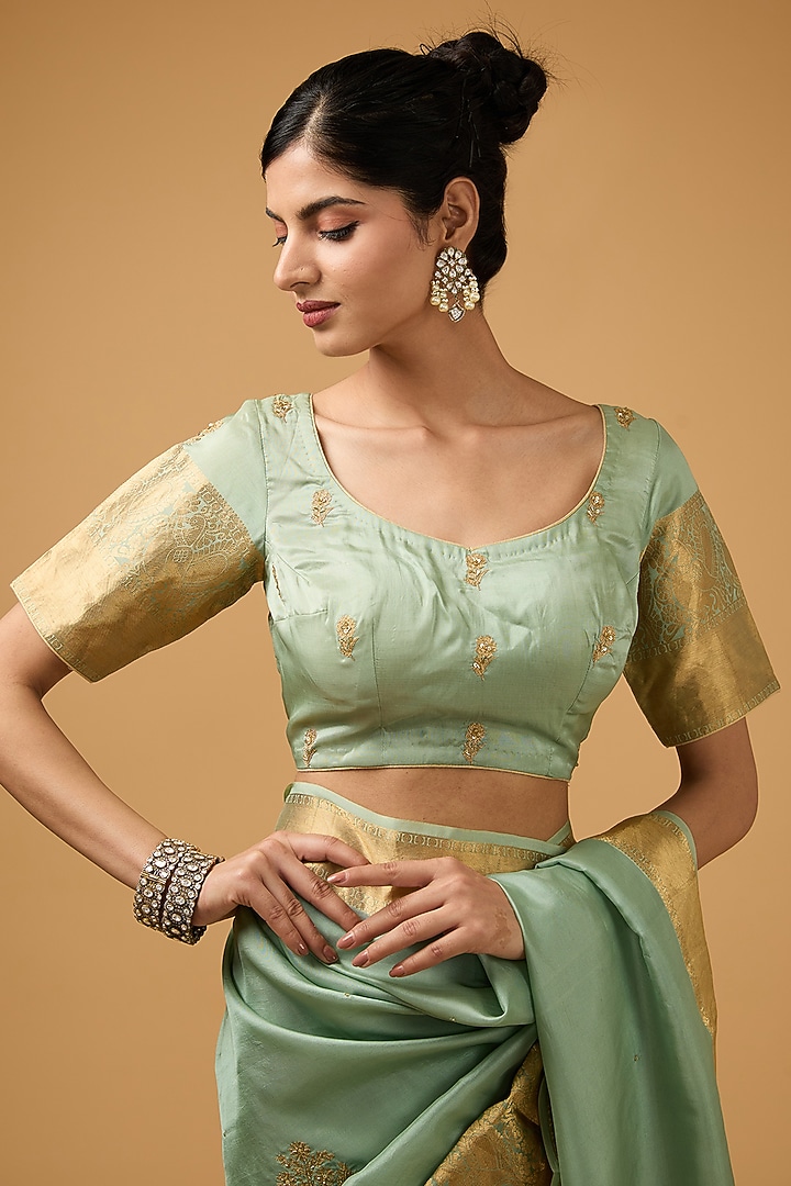 Green Silk Embroidered Party Wear Saree Set by Aharin India at Pernia's Pop Up Shop