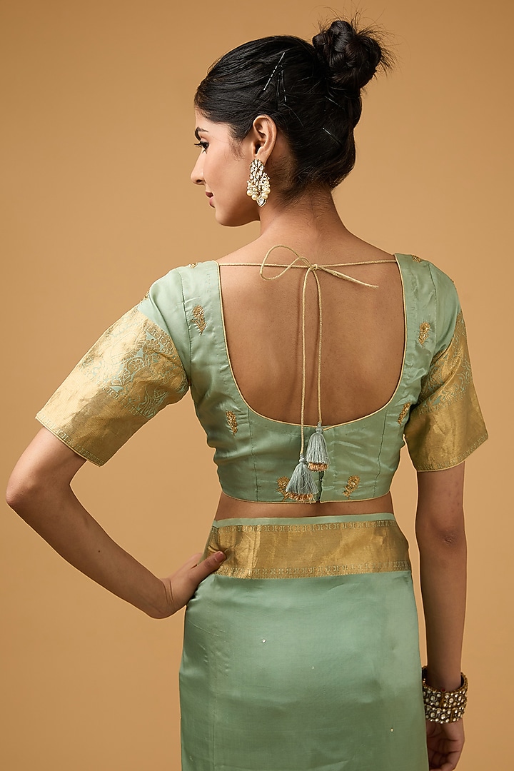 Green Silk Embroidered Party Wear Saree Set by Aharin India at Pernia's Pop Up Shop