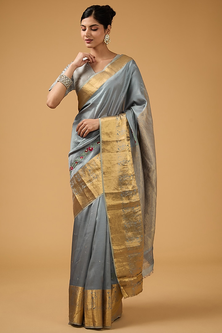 Dark Grey Silk Floral Embroidered Party Wear Saree Set by Aharin India at Pernia's Pop Up Shop
