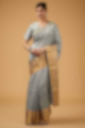 Grey Silk Floral Embroidered Party Wear Saree Set by Aharin India at Pernia's Pop Up Shop