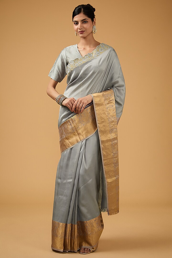 Grey Silk Floral Embroidered Party Wear Saree Set by Aharin India at Pernia's Pop Up Shop