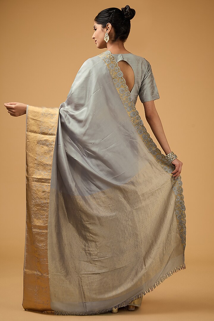 Grey Silk Floral Embroidered Party Wear Saree Set by Aharin India at Pernia's Pop Up Shop