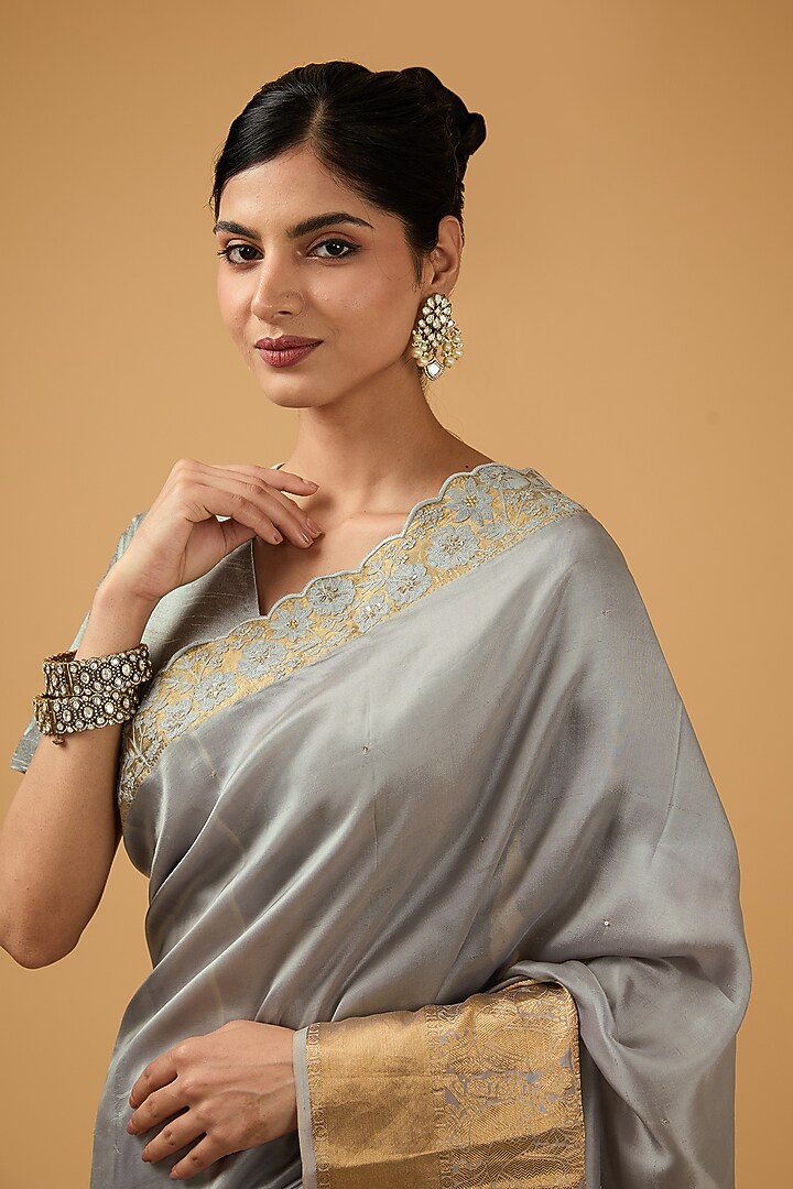 Grey Silk Floral Embroidered Party Wear Saree Set by Aharin India at Pernia's Pop Up Shop