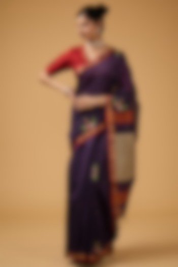 Purple Cotton Silk Floral Embroidered Handwoven Saree Set by Aharin India at Pernia's Pop Up Shop