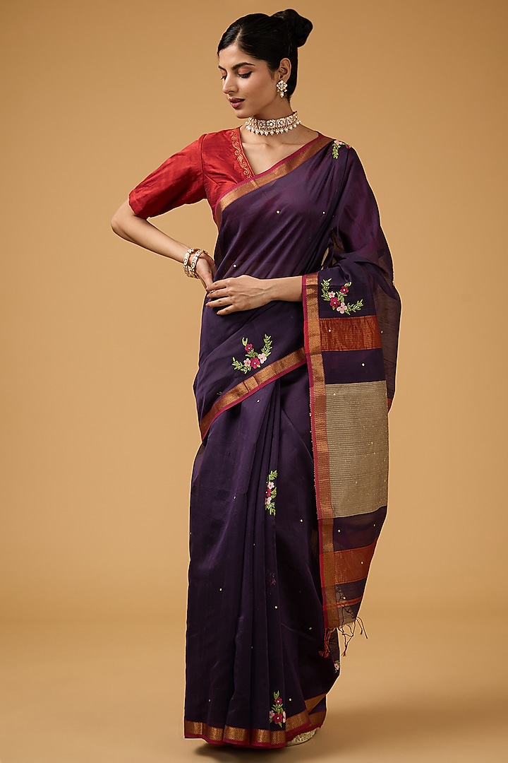 Purple Cotton Silk Floral Embroidered Handwoven Saree Set by Aharin India at Pernia's Pop Up Shop