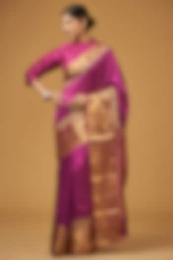 Plum Purple Silk Floral Embroidered Saree Set by Aharin India at Pernia's Pop Up Shop