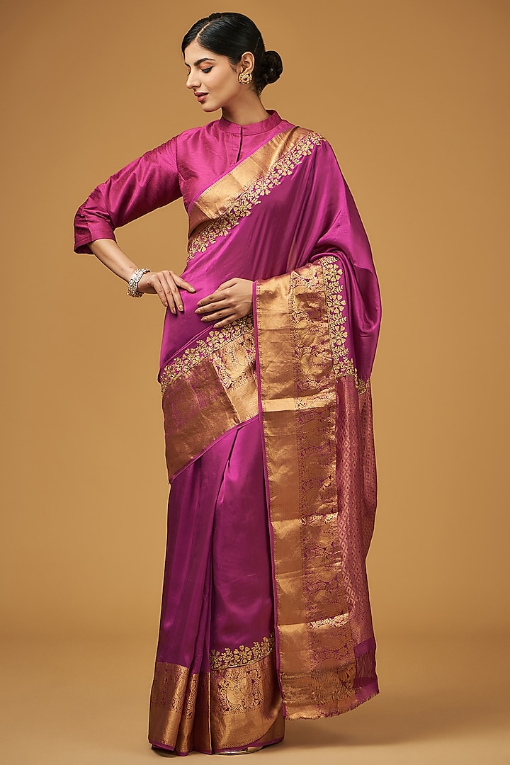 Plum Purple Silk Floral Embroidered Saree Set by Aharin India at Pernia's Pop Up Shop