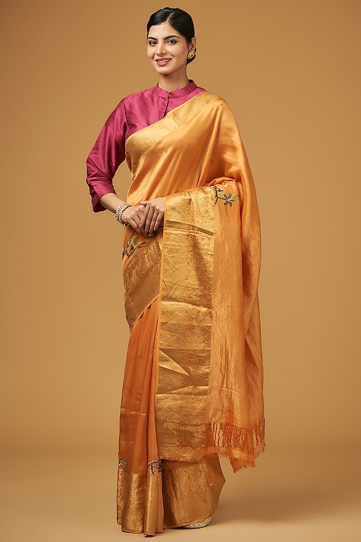 Mustard Yellow Silk Floral Embroidered Saree Set by Aharin India at Pernia's Pop Up Shop