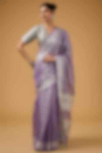 Mauve Cotton Silk Floral Motif Embroidered Handwoven Saree Set by Aharin India