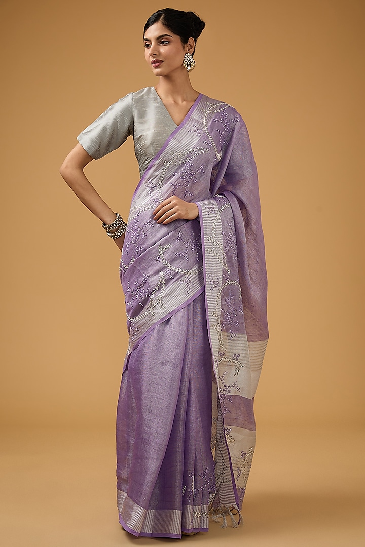 Mauve Cotton Silk Floral Motif Embroidered Handwoven Saree Set by Aharin India