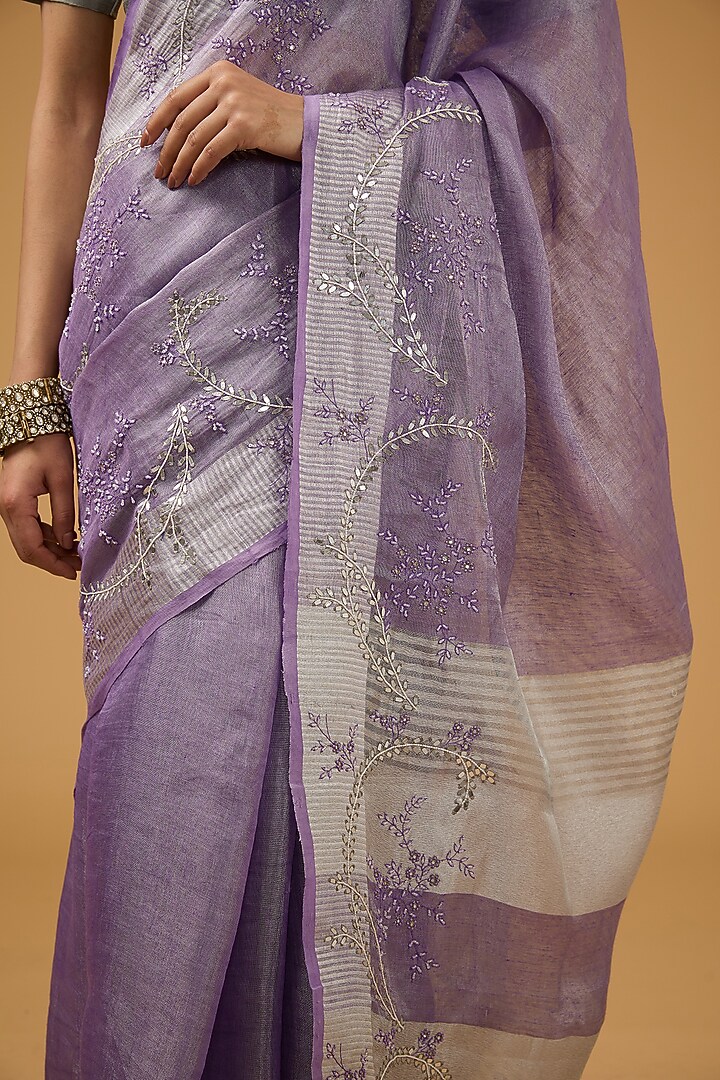 Mauve Cotton Silk Floral Motif Embroidered Handwoven Party Wear Saree Set by Aharin India at Pernia's Pop Up Shop