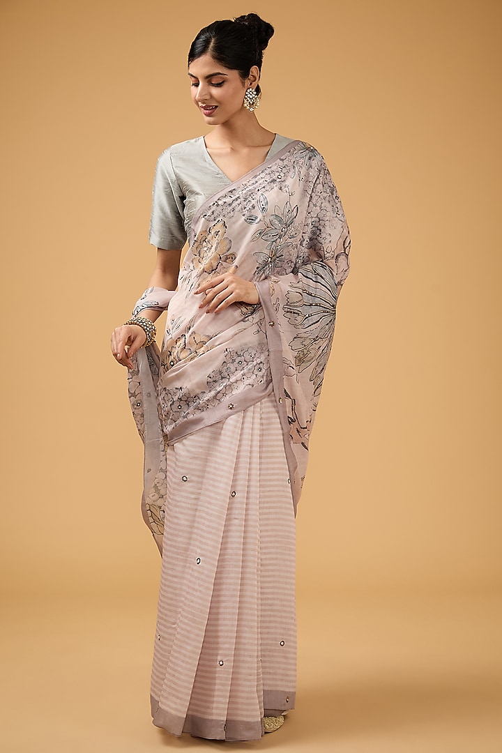 Peach Viscose Floral Printed Saree Set by Aharin India at Pernia's Pop Up Shop