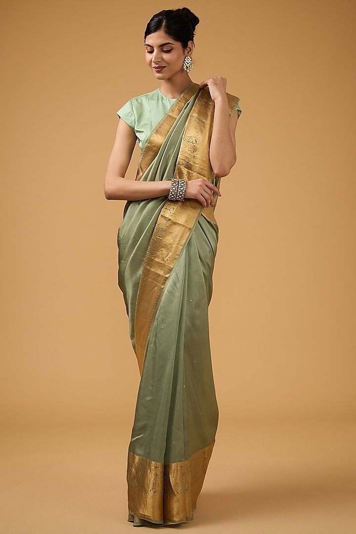 Green Silk Sequins Embroidered Saree Set by Aharin India at Pernia's Pop Up Shop