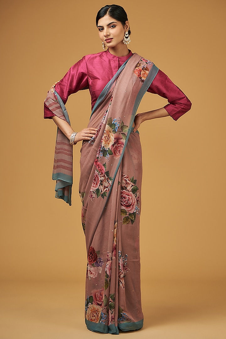 Onion Pink Viscose Floral Printed Saree Set by Aharin India at Pernia's Pop Up Shop