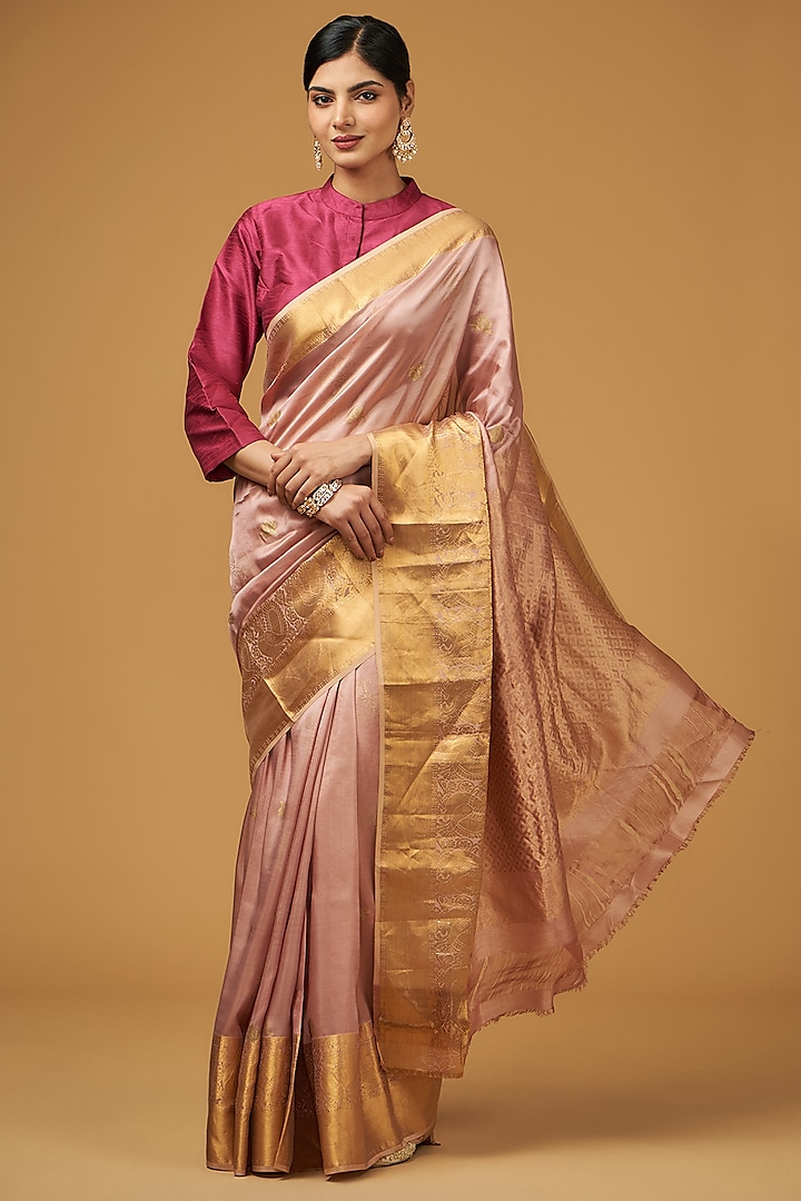 Peach Silk Floral Motif Embroidered Saree Set by Aharin India