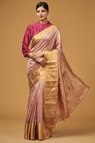 Peach Silk Floral Motif Embroidered Saree Set by Aharin India