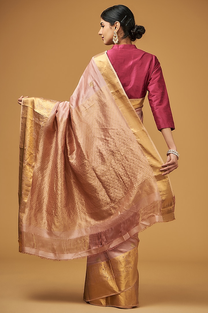 Peach Silk Floral Motif Embroidered Party Wear Saree Set by Aharin India at Pernia's Pop Up Shop
