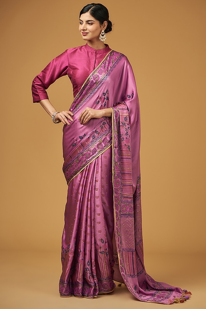  Pink Viscose Modal Silk Floral Printed Saree Set by Aharin India at Pernia's Pop Up Shop