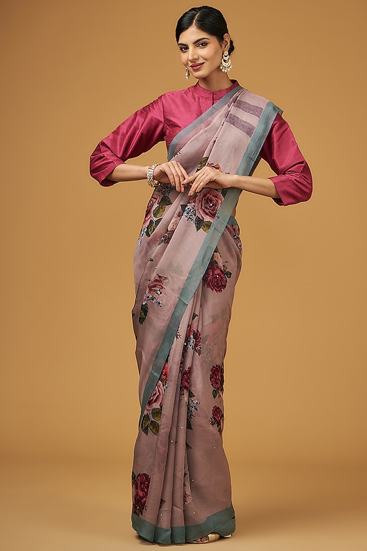 Onion Pink Viscose Floral Printed Saree Set by Aharin India at Pernia's Pop Up Shop