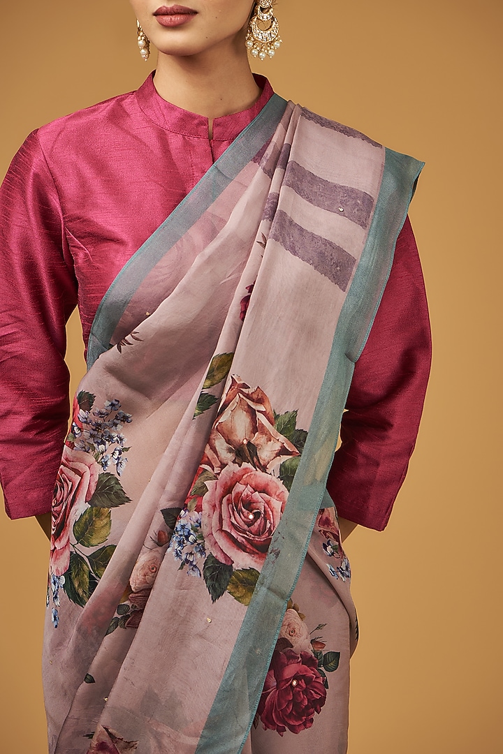 Onion Pink Viscose Floral Printed Party Wear Saree Set by Aharin India at Pernia's Pop Up Shop
