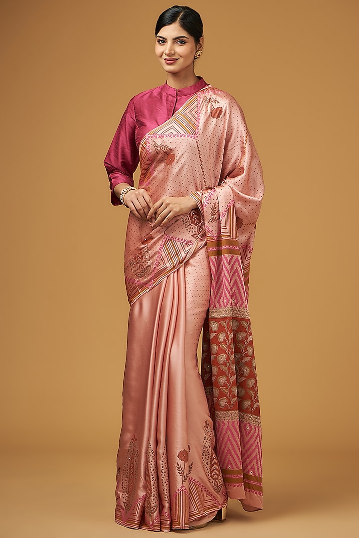 Peach Pink Viscose Modal Silk Floral Printed Saree Set by Aharin India