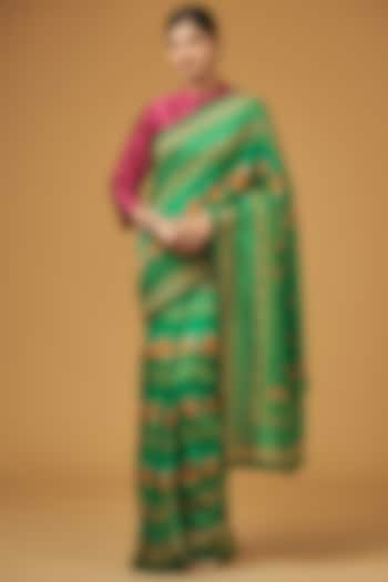 Green Viscose Modal Silk Floral Printed Saree Set by Aharin India at Pernia's Pop Up Shop