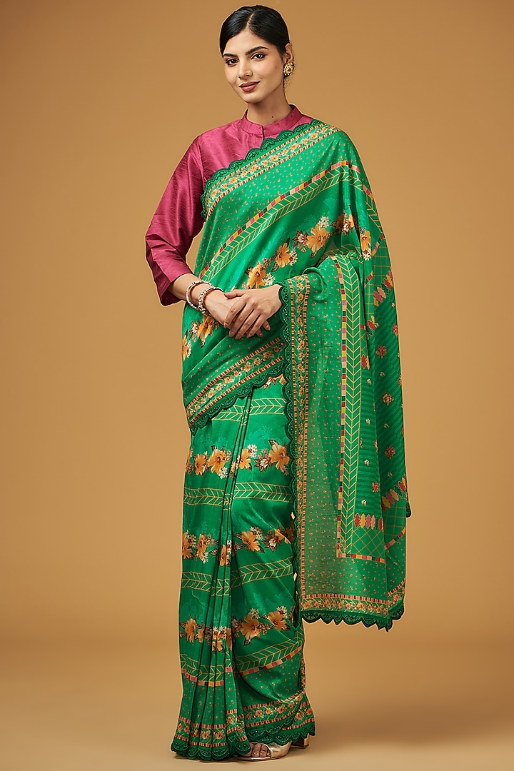 Green Viscose Modal Silk Floral Printed Saree Set by Aharin India at Pernia's Pop Up Shop