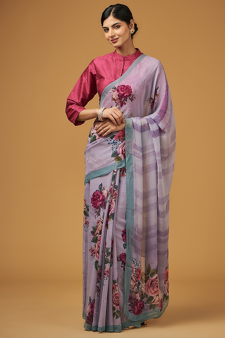 Purple Viscose Modal Silk Floral Printed Saree Set by Aharin India