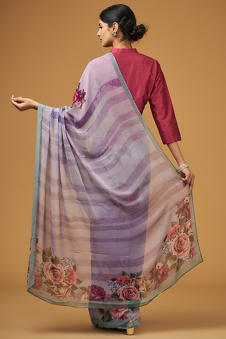 Purple Viscose Modal Silk Floral Printed Party Wear Saree Set by Aharin India at Pernia's Pop Up Shop