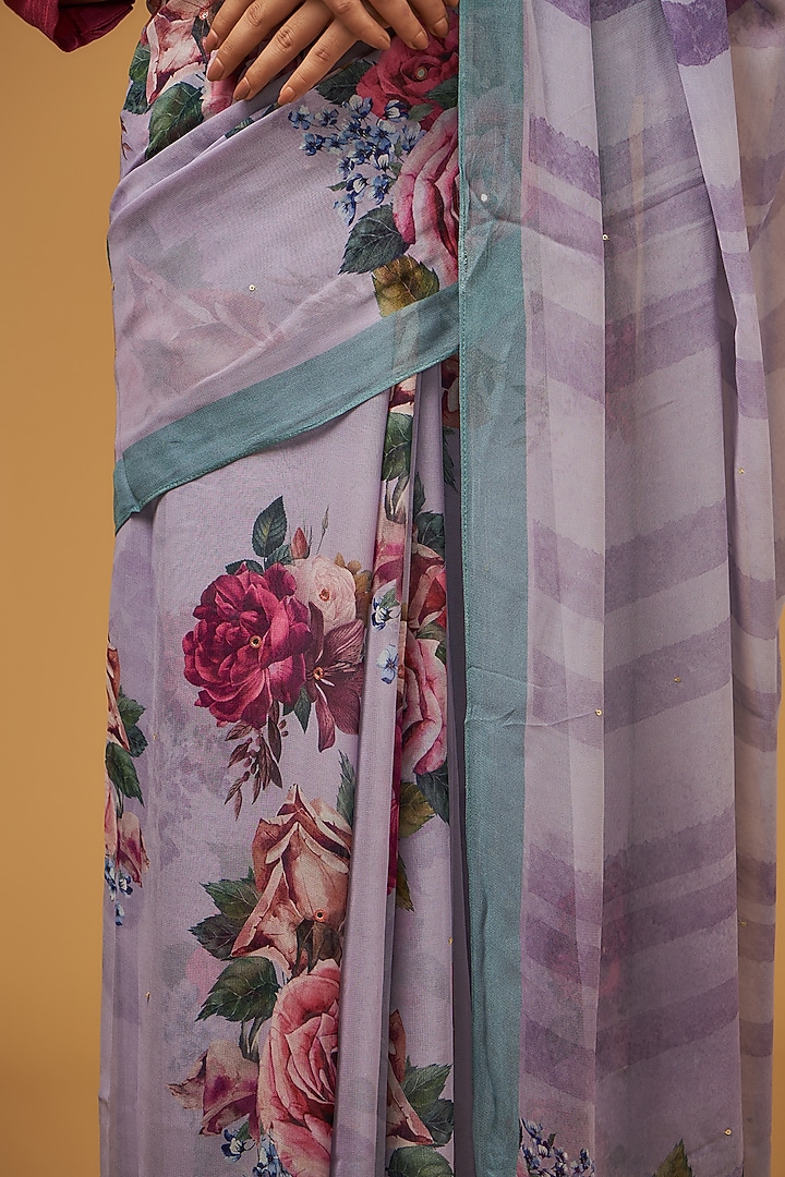 Purple Viscose Modal Silk Floral Printed Party Wear Saree Set by Aharin India at Pernia's Pop Up Shop