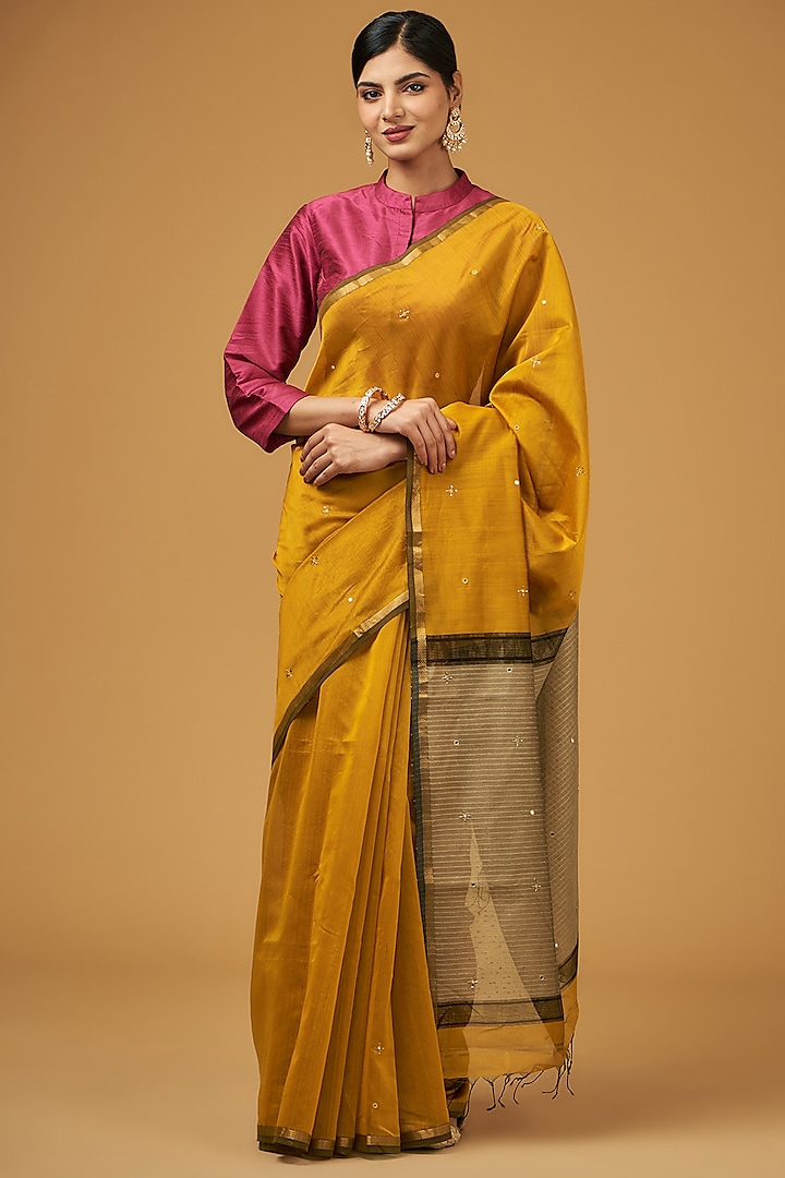 Mustard Yellow Maheshwari Cotton Silk Embroidered Handwoven Saree Set by Aharin India