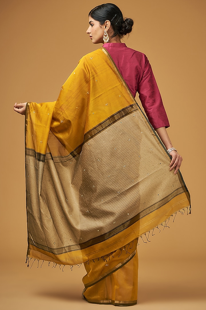 Mustard Yellow Maheshwari Cotton Silk Embroidered Handwoven Party Wear Saree Set by Aharin India at Pernia's Pop Up Shop