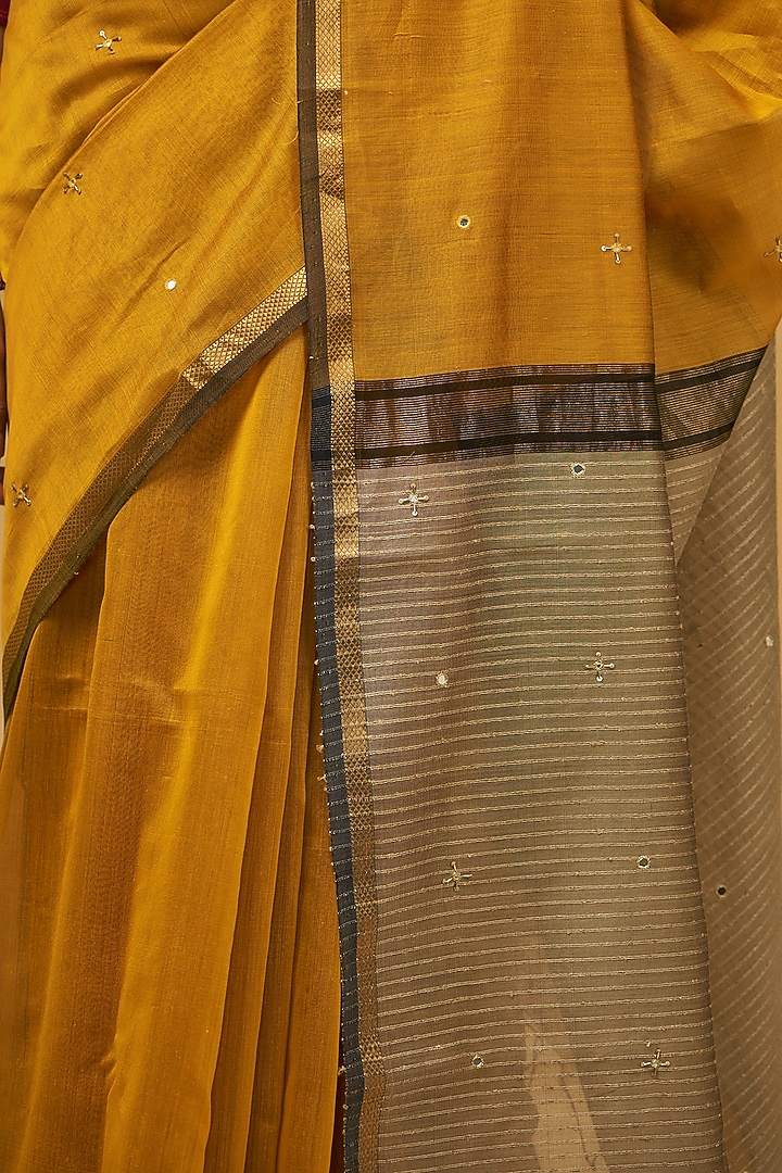 Mustard Yellow Maheshwari Cotton Silk Embroidered Handwoven Party Wear Saree Set by Aharin India at Pernia's Pop Up Shop