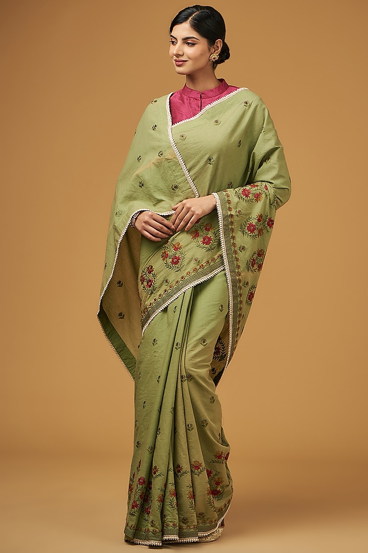 Pista Green Viscose Modal Silk Floral Embroidered Saree Set by Aharin India at Pernia's Pop Up Shop