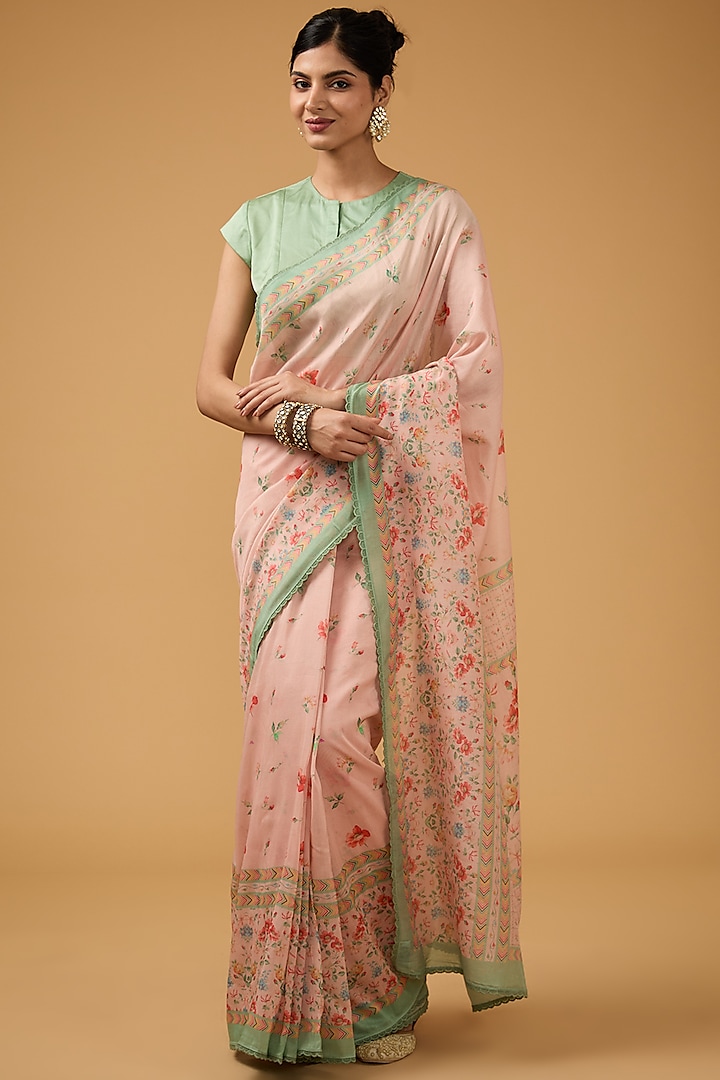 Pink Viscose Modal Silk Floral Printed Saree Set by Aharin India