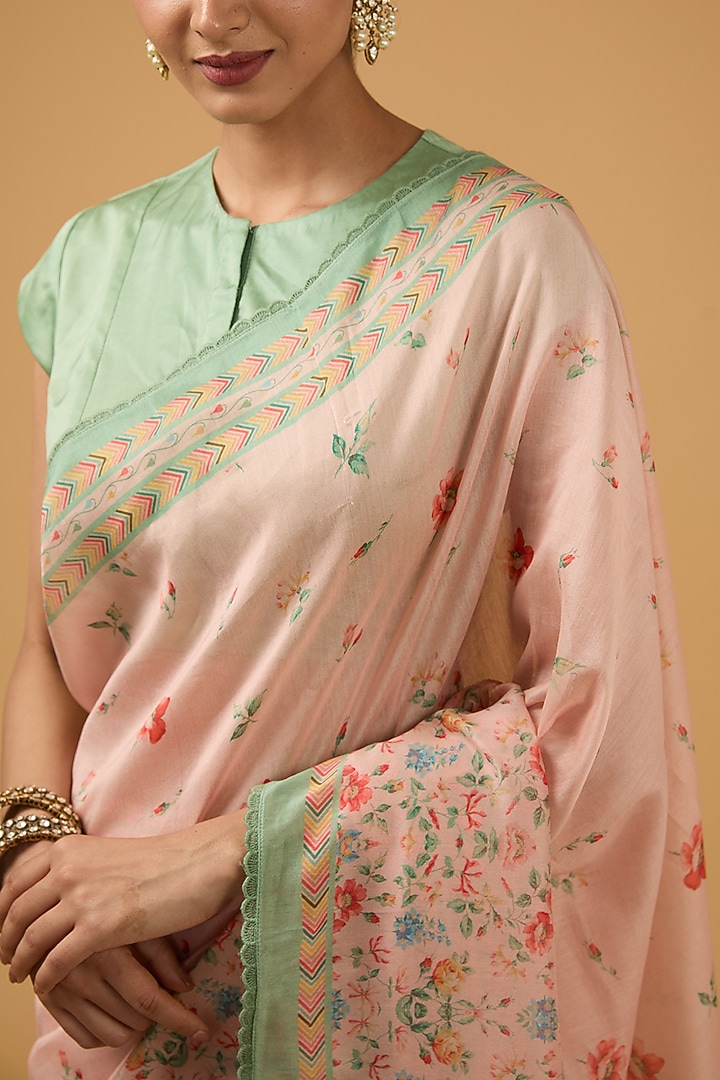 Pink Viscose Modal Silk Floral Printed Party Wear Saree Set by Aharin India at Pernia's Pop Up Shop