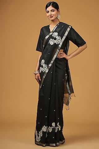 Black Linen Floral Boota Embroidered Handwoven Saree Set by Aharin India
