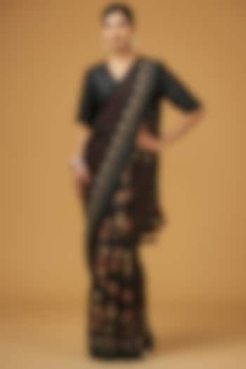 Black Viscose Modal Silk Floral Printed Saree Set by Aharin India
