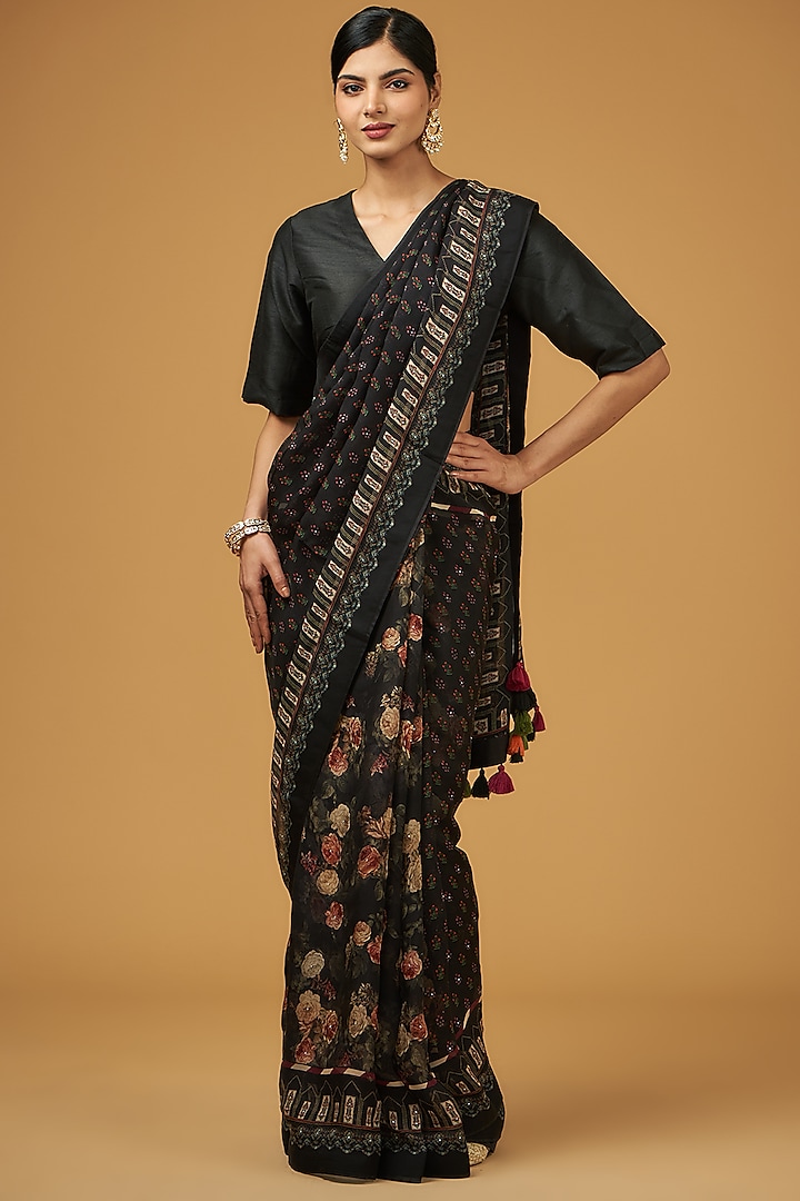 Black Viscose Modal Silk Floral Printed Saree Set by Aharin India