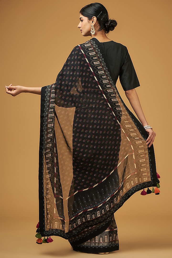 Black Viscose Modal Silk Floral Printed Party Wear Saree Set by Aharin India at Pernia's Pop Up Shop