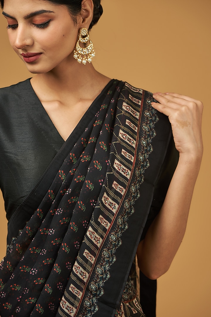 Black Viscose Modal Silk Floral Printed Party Wear Saree Set by Aharin India at Pernia's Pop Up Shop