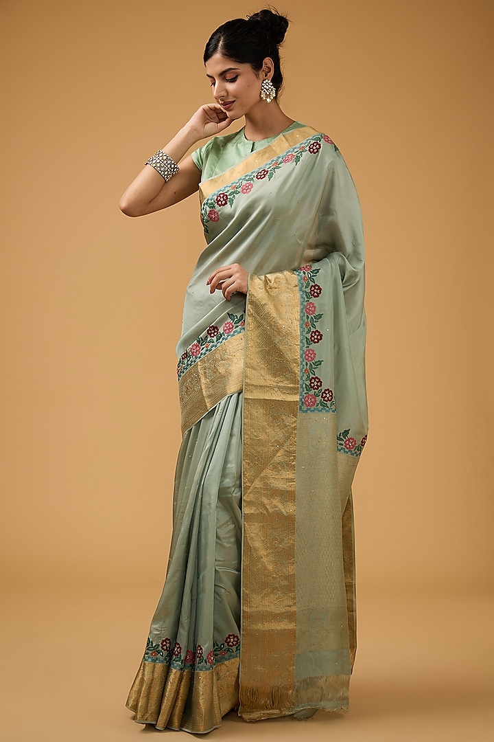 Green Silk Floral Embroidered Saree Set by Aharin India