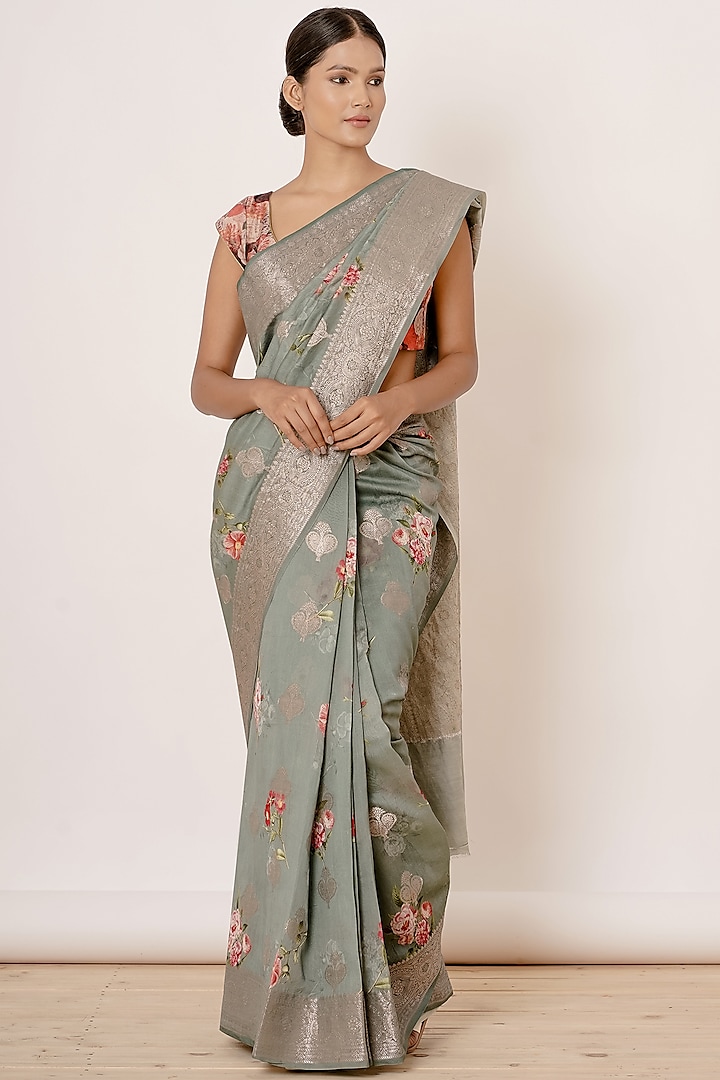 Grey & Dusty Blue Printed Saree Set by Aharin India
