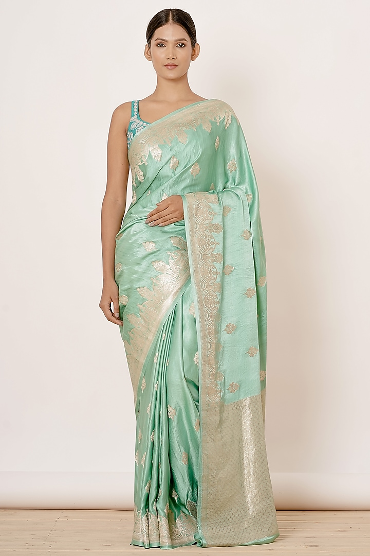 Aqua Turquoise Pure Satin Silk Zari Embroidered Wedding Saree Set by Aharin India at Pernia's Pop Up Shop