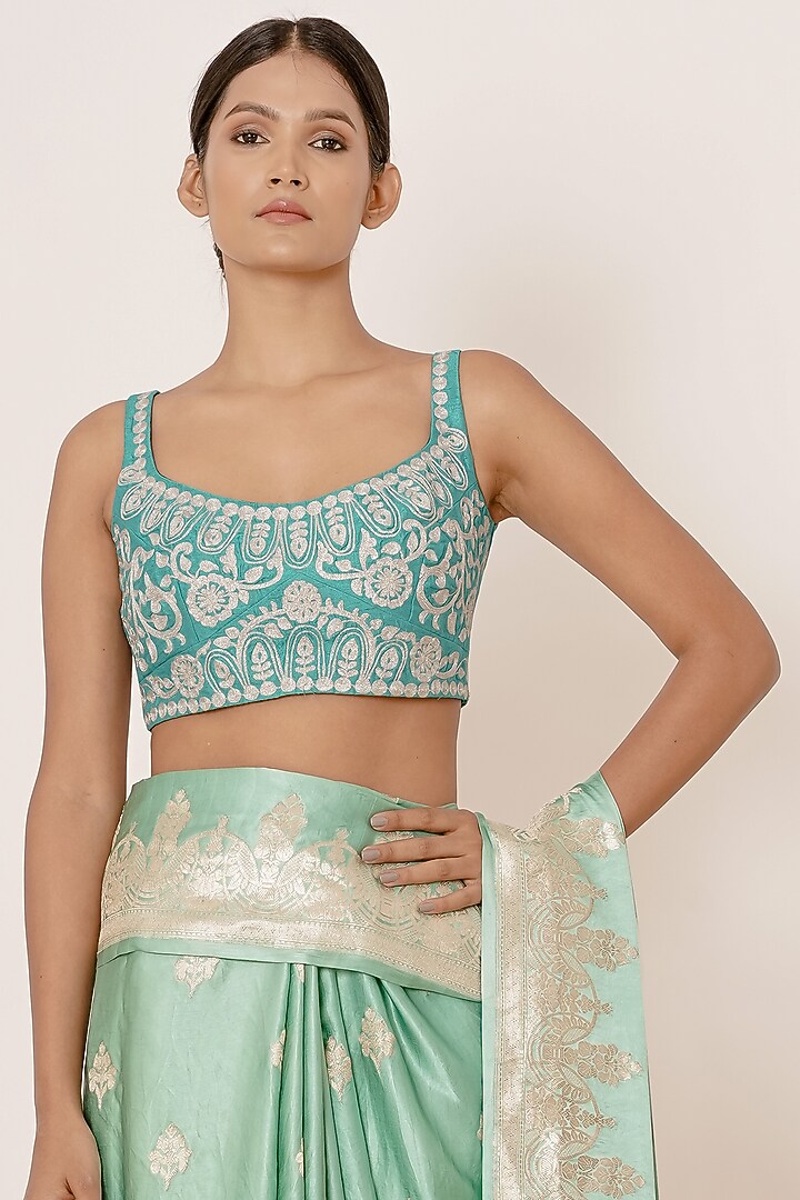 Aqua Turquoise Pure Satin Silk Zari Embroidered Wedding Saree Set by Aharin India at Pernia's Pop Up Shop
