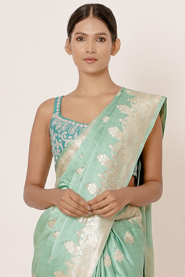 Aqua Turquoise Pure Satin Silk Zari Embroidered Wedding Saree Set by Aharin India at Pernia's Pop Up Shop