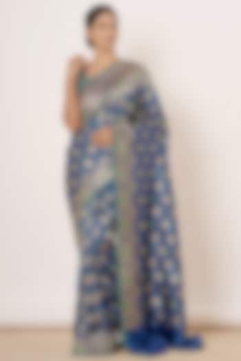 Bright Peacock Blue Embroidered Saree Set by Aharin India