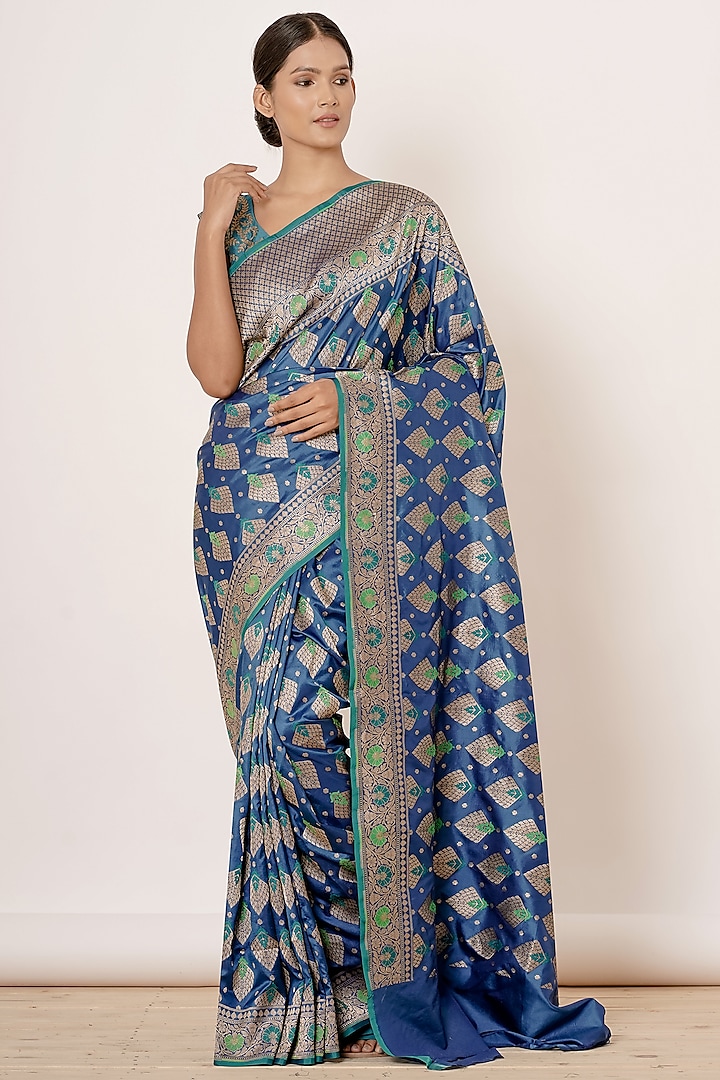 Bright Peacock Blue Embroidered Saree Set by Aharin India