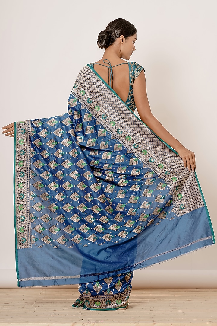 Bright Peacock Blue Embroidered Wedding Saree Set by Aharin India at Pernia's Pop Up Shop